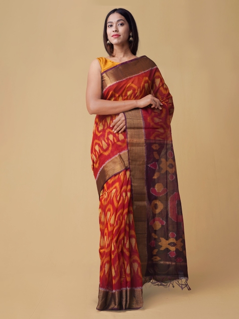 

Unnati Silks Red Silk Cotton Woven Design Handloom Pochampally Saree