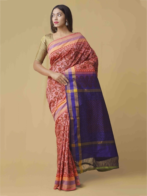 

Unnati Silks Pink & Blue Silk Cotton Woven Design Kanjeevaram Saree