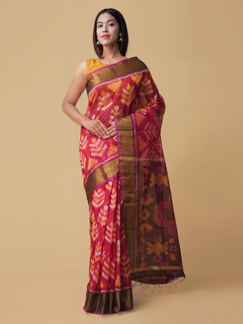

Unnati Silks Pink Silk Cotton Woven Design Pochampally Saree