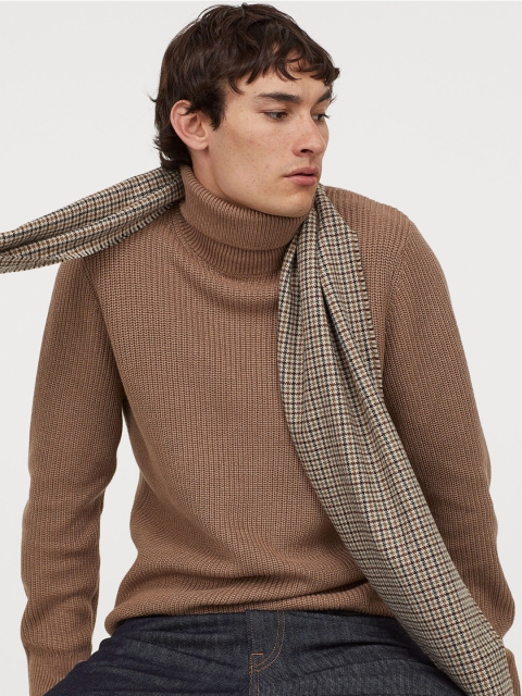 

H&M Men Brown Rib-Knit Polo-Neck Jumper