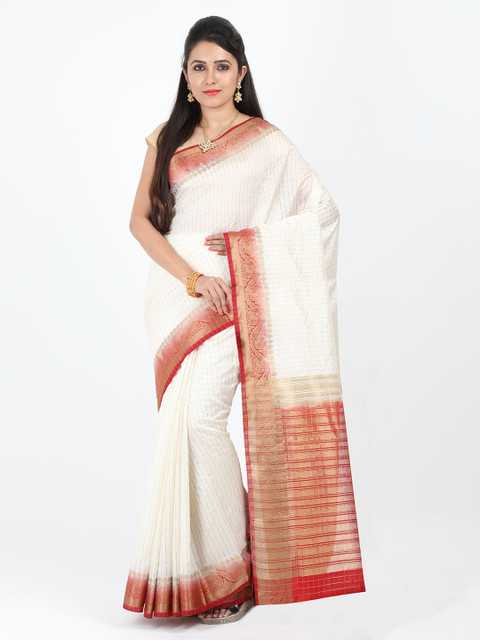 

SABOO COLLECTIONS Cream-Coloured & Red Silk Blend Woven Design Banarasi Saree
