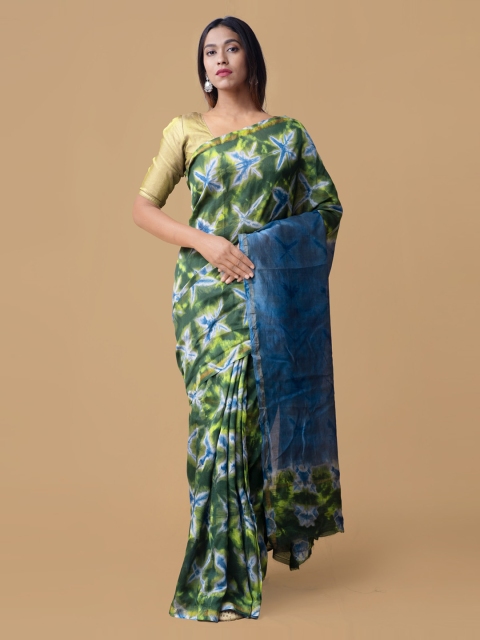 

Unnati Silks Green & Blue Silk Cotton Printed Chanderi Saree