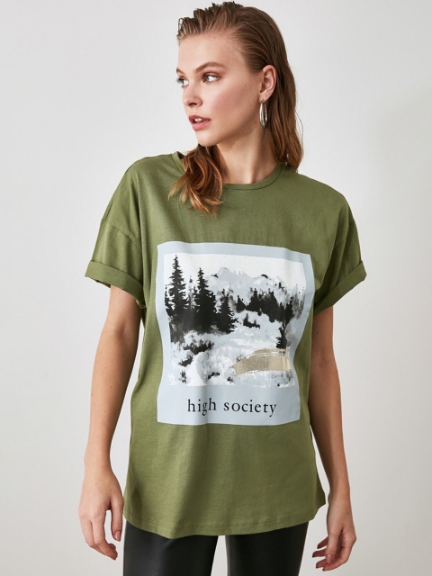 

TRENDYOL COLLECTION Women Olive Green & Blue Printed Round Neck T-shirt
