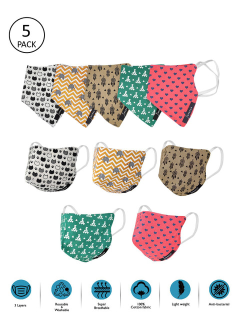 

Janasya's Unisex Washable/Reusable 3 Ply Cotton Printed Face Mask-Pack of 5, Multi
