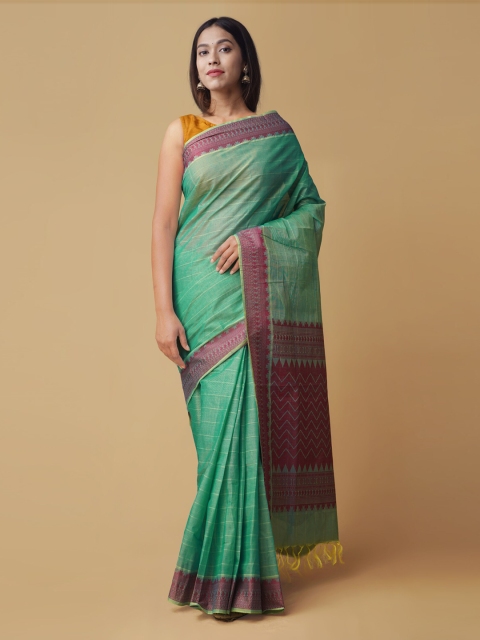 

Unnati Silks Green Pure Cotton Striped Kanjeevaram Saree