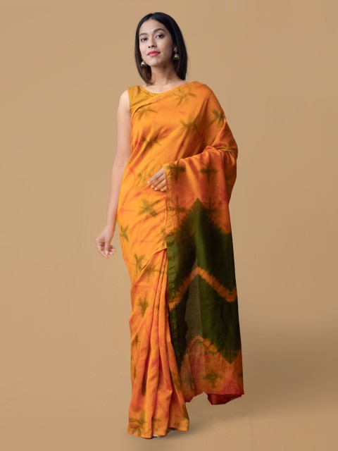

Unnati Silks Orange & Green Silk Cotton Dyed Chanderi Saree