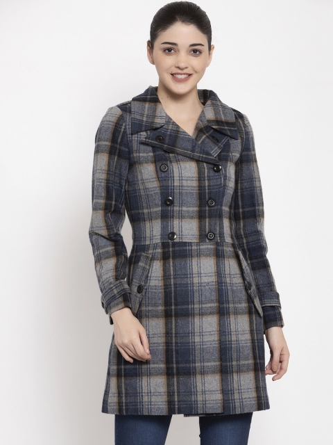 

Owncraft Women Navy Blue & Grey Checked Woollen Double-Breasted Overcoat