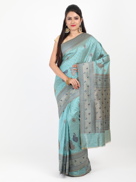 

SABOO COLLECTIONS Turquoise Blue & Grey Woven Design Banarasi Saree