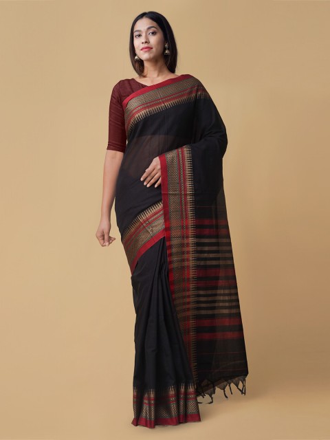 

Unnati Silks Black Pure Cotton Striped Handloom Narayan Peth Saree