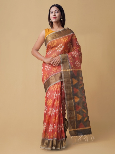 

Unnati Silks Red & Grey Silk Cotton Woven Design Pochampally Handloom Saree