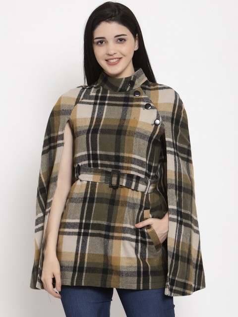 

Owncraft Women Olive-Green & Yellow Checked Overcoat