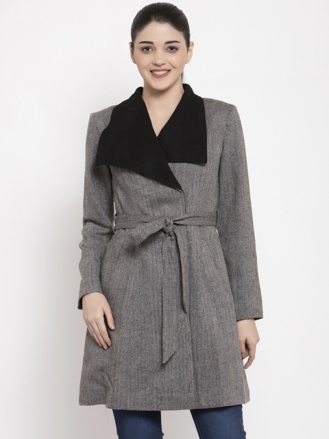 

Owncraft Women Black & Grey Self-Design Longline Overcoat