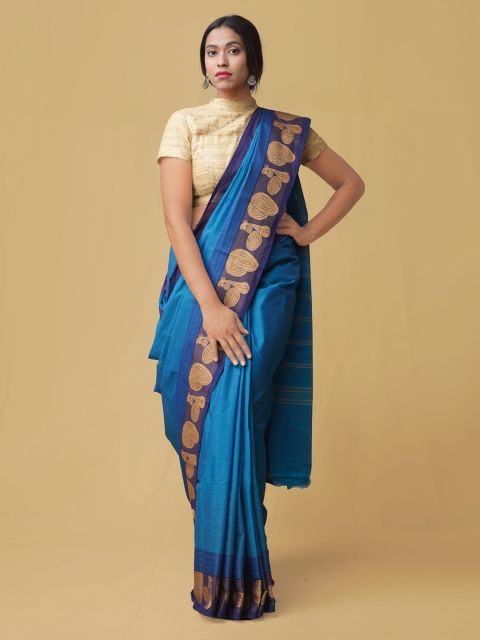 

Unnati Silks Blue Pure Cotton Striped Kanjeevaram Handloom Sustainable Saree