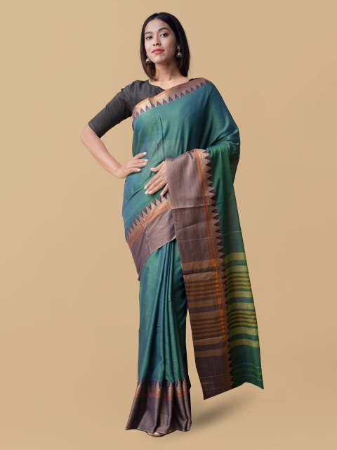 Unnati Silks Green & Brown Pure Cotton Striped Narayan Peth Handloom Saree