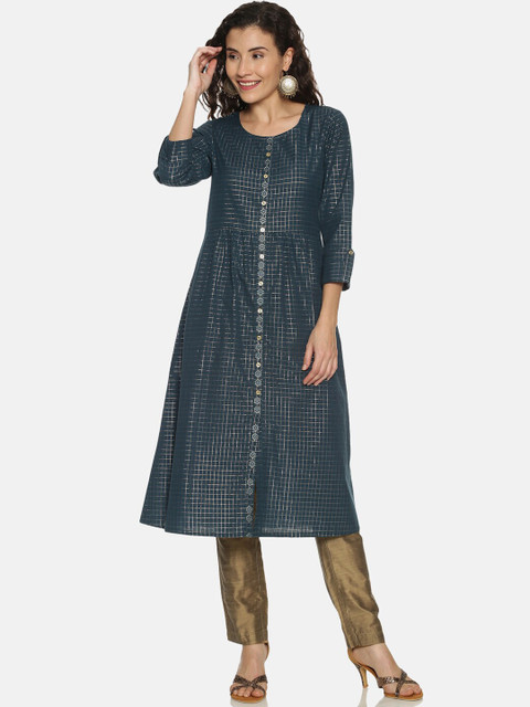 

Saffron Threads Women Navy Blue & Silver-Toned Woven Design Anarkali Kurta