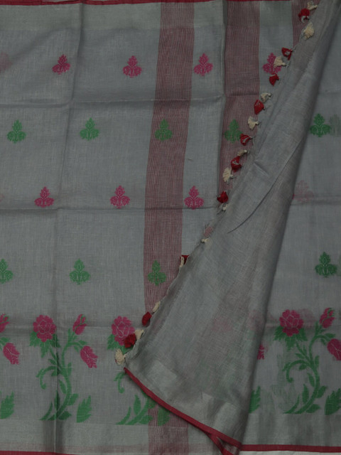 

Pothys Grey & Pink Pure Linen Embroidered Saree