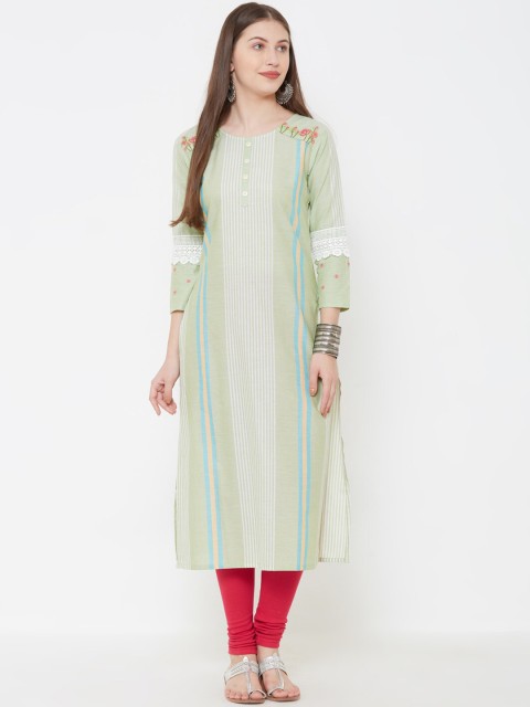

FASHOR Women Mint Green & White Striped Straight Kurta
