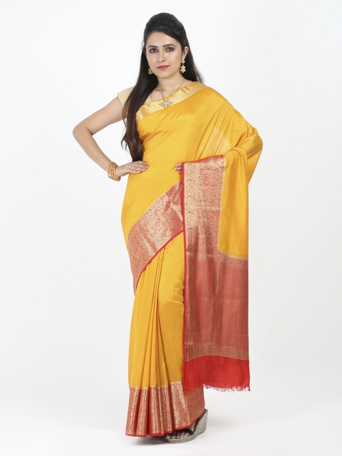 

SABOO COLLECTIONS Yellow & Red Silk Blend Solid Banarasi Saree