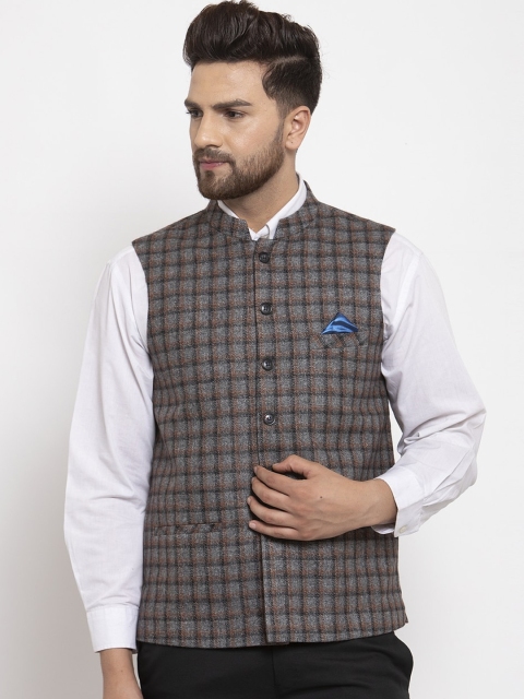 

NEUDIS Men Grey & Brown Checked Woven-Design Nehru Jacket