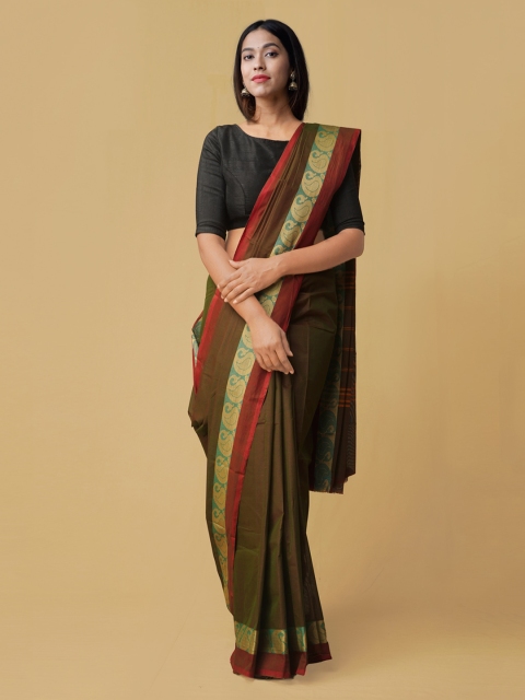 

Unnati Silks Green Pure Cotton Checked Kanjeevaram Sustainable Saree