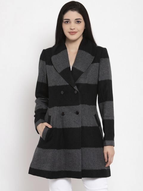 

Owncraft Women Grey & Black Striped Longline Overcoat