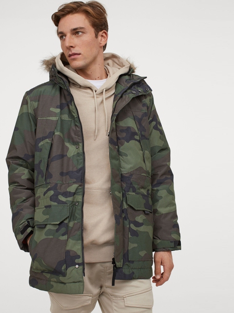 

H&M Men Olive Green Water-Repellent Parka