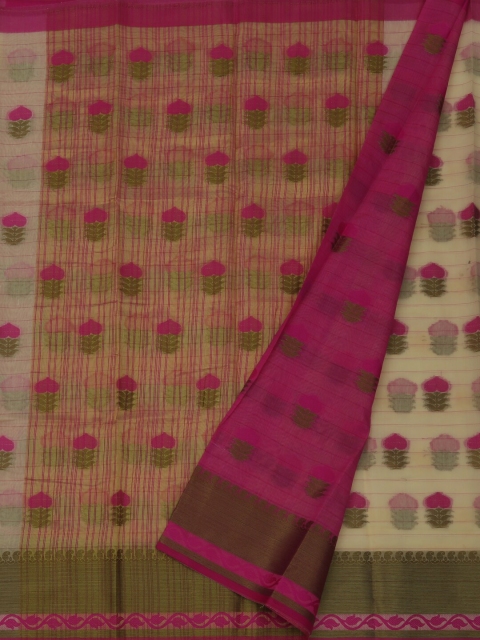 

Pothys Cream-Coloured & Pink Cotton Blend Woven Design Chanderi Cotton Saree
