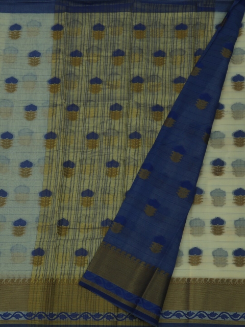 

Pothys Cream-Coloured & Blue Cotton Blend Woven Design Saree