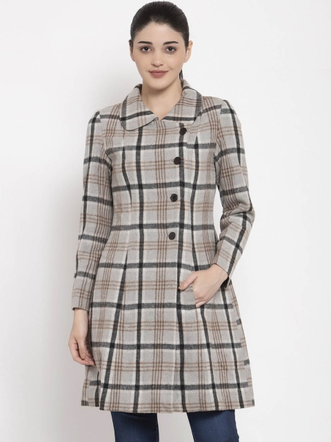 

Owncraft Women Grey & Black Checked Woollen Single-Breasted Princess Coat