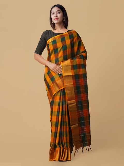 

Unnati Silks Green & Yellow Pure Cotton Checked Handloom Narayan Peth Saree