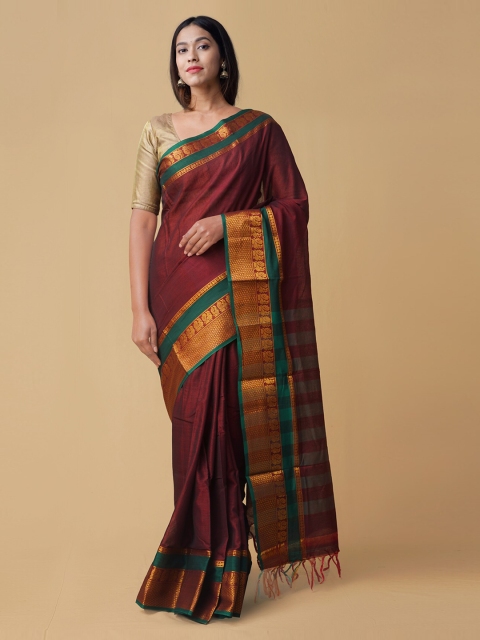 

Unnati Silks Maroon & Green Pure Cotton Woven Design Venkatgiri Saree