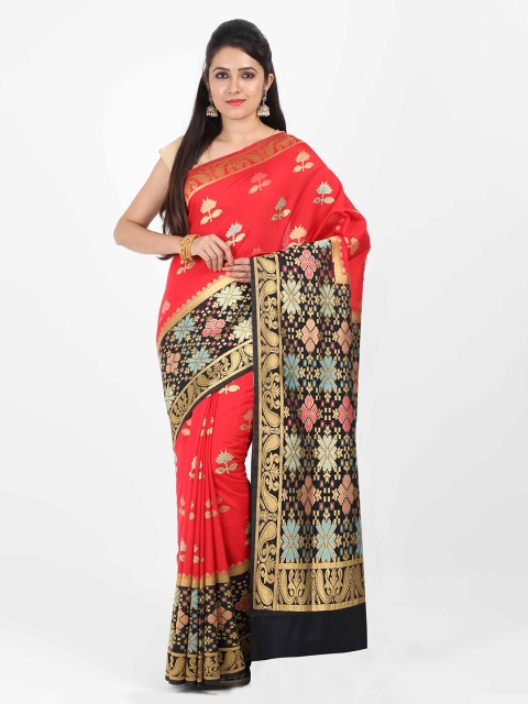 

SABOO COLLECTIONS Red & Black Silk Blend Woven Design Banarasi Saree