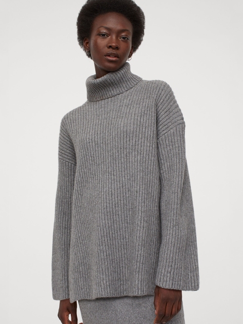 

H&M Women Grey Ribbed Polo-Neck Sustainable Jumper