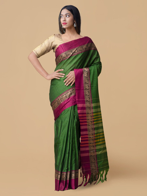 

Unnati Silks Green Pure Cotton Solid Handloom Narayan Peth Saree