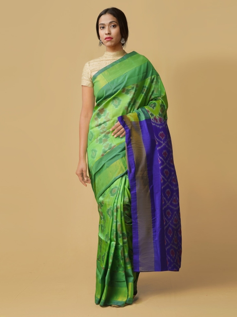 

Unnati Silks Green & Blue Silk Cotton Woven Design Handloom Pochampally Saree