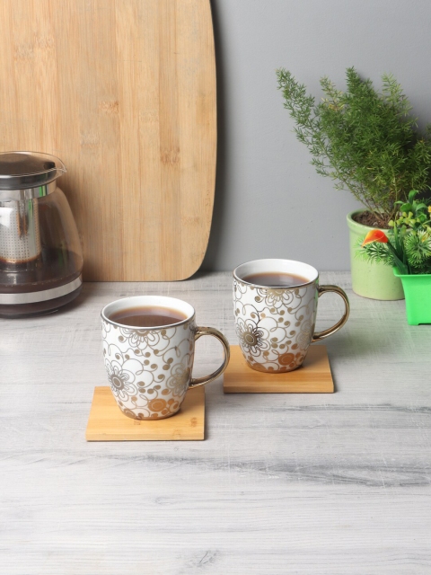 

ceradeco White & Gold-Toned 2-Pcs Printed Porcelain Cups Set 200 ml