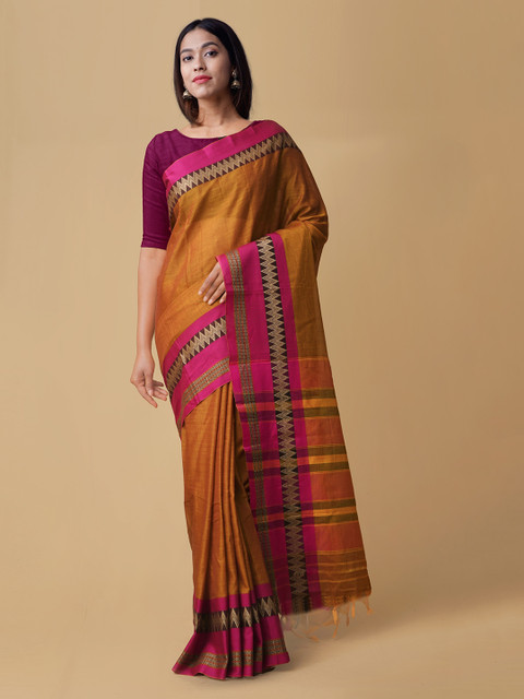 

Unnati Silks Orange Pure Cotton Solid Handloom Narayan Peth Saree