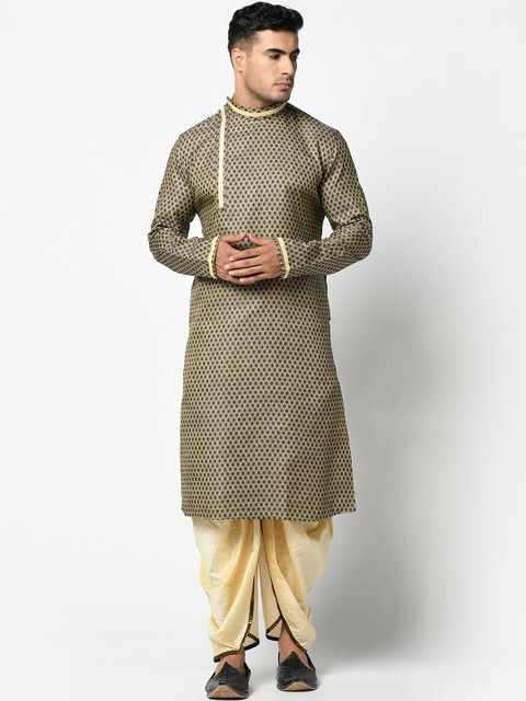 

DEYANN Men Navy Blue & Cream-Coloured Self Design Kurta with Dhoti Pants
