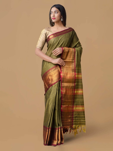 

Unnati Silks Green & Gold-Toned Pure Cotton Striped Narayan Peth Saree