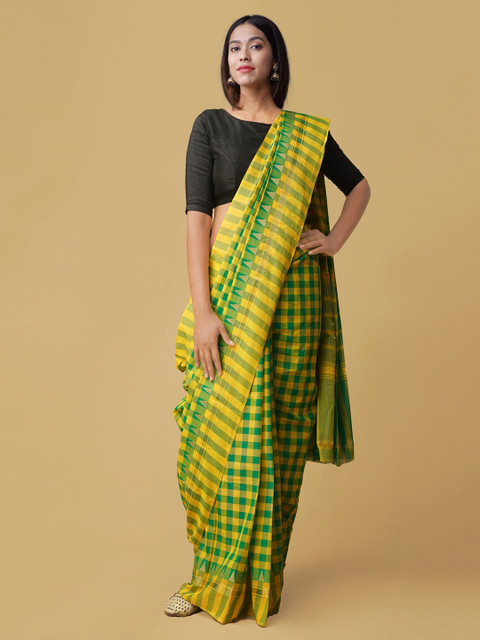 

Unnati Silks Green Pure Cotton Checked Handloom Chettinad Saree
