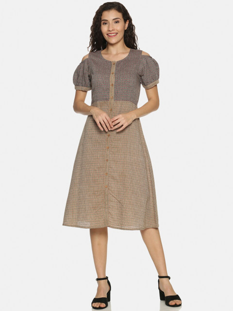 

Saffron Threads Women Beige Checked A-Line Dress
