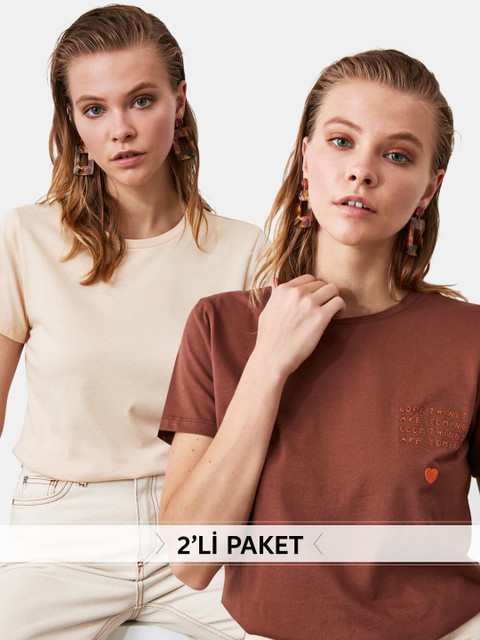 

TRENDYOL COLLECTION Women Pack Of 2 Beige & Brown Solid T-Shirts