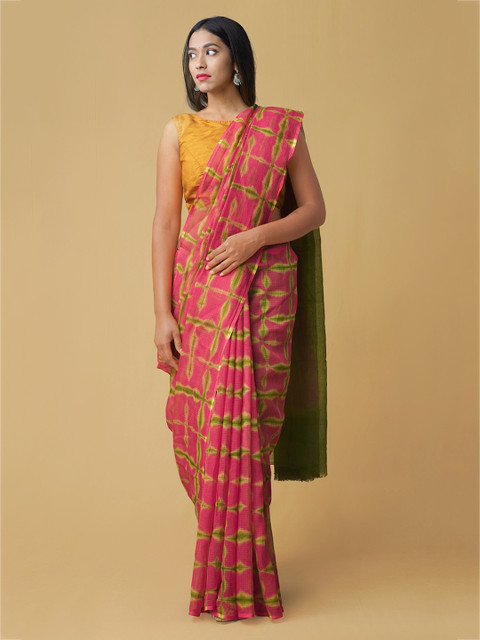 

Unnati Silks Pink & Green Pure Cotton Handloom Checked Kota Saree