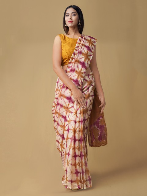 

Unnati Silks White & Orange Pure Cotton Dyed Kota Saree