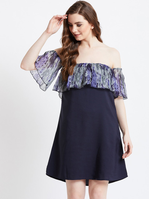 

AkaAyu Women Blue Printed A-Line Dress