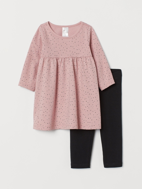 

H&M Girls Pink Printed Dress with Black Solid Leggings