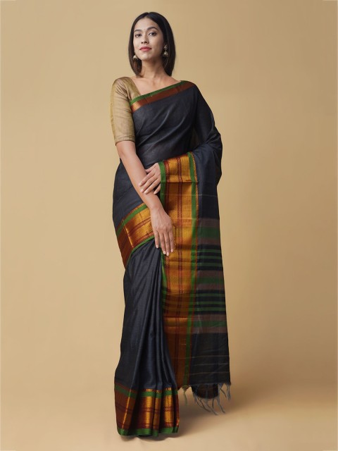 

Unnati Silks Navy Blue Pure Cotton Solid Handloom Narayan Peth Saree