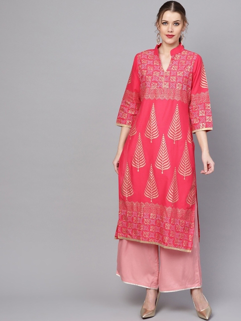 

ZOEYAMS Women Coral Pink Block Printed Straight Kurta