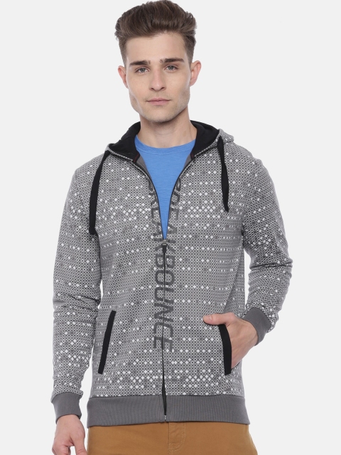 

Breakbounce Men Grey & White Brand Logo Print Hooded Sweatshirt
