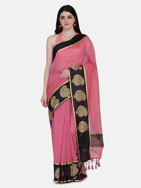 

BOMBAY SELECTIONS Pink & Black Silk Cotton Checked Chanderi Handloom Saree